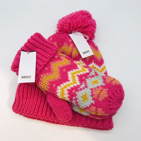 MIXIT Winter Beanie & Mitten Combo Pack Womens Shocking Pink PomPom Stocking Hat - Picture 6 of 6